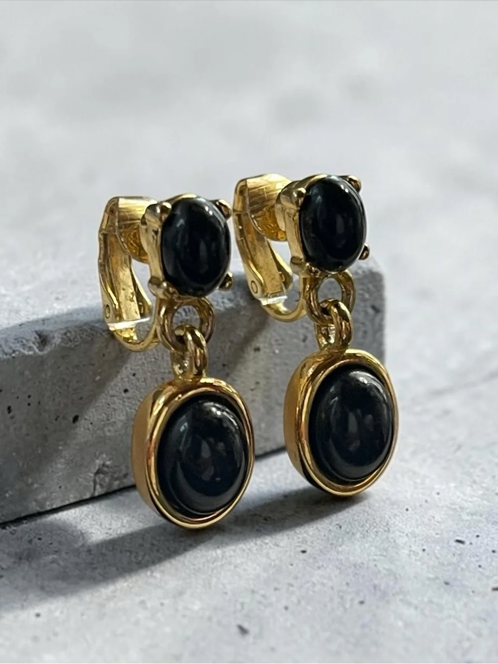 Black Cabochon Gold Tone Double Drop Clip-On Earrings